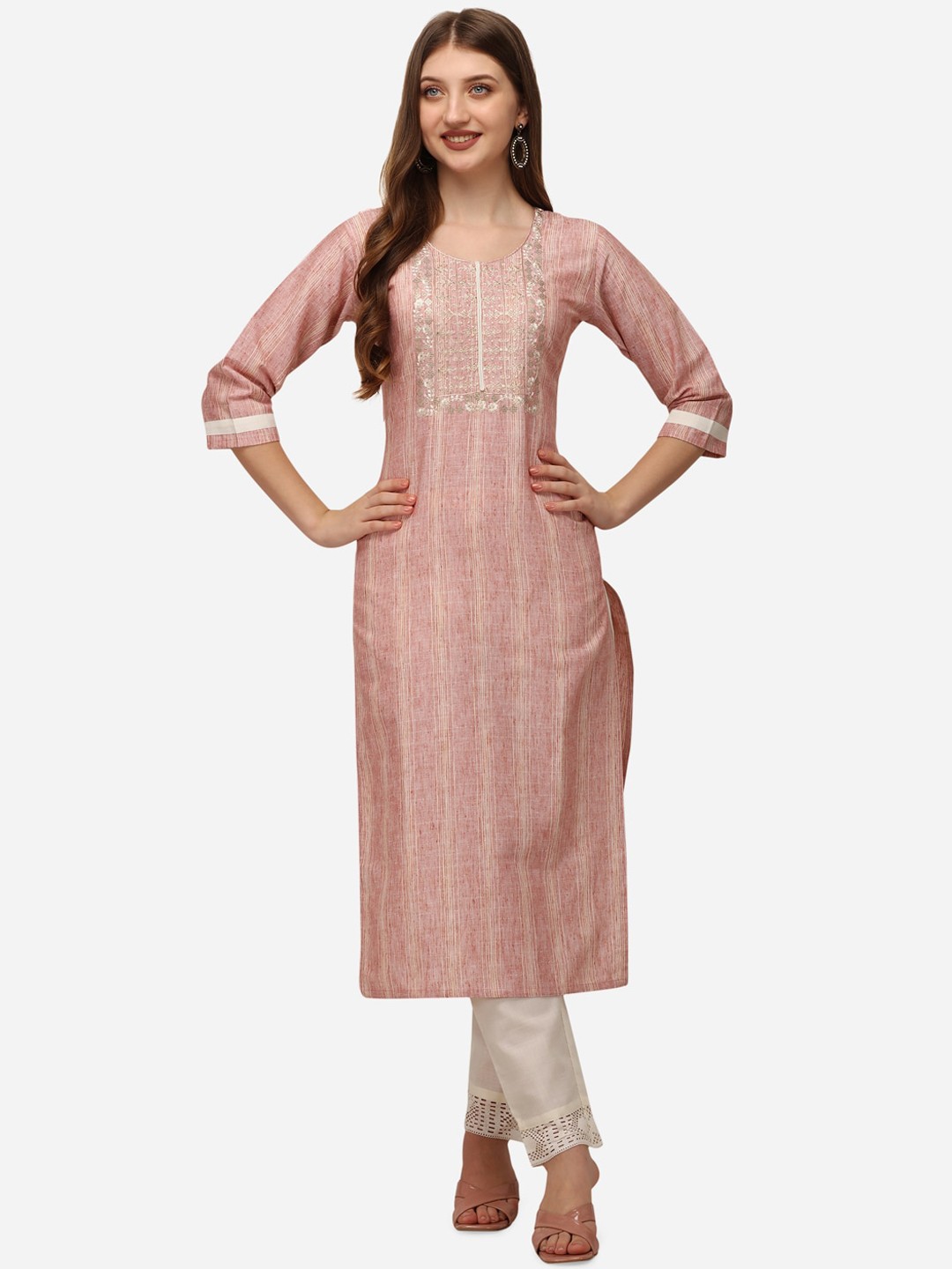 

POONAM DESIGNER Women Pink Yoke Design Pure Cotton Kurta with Churidar