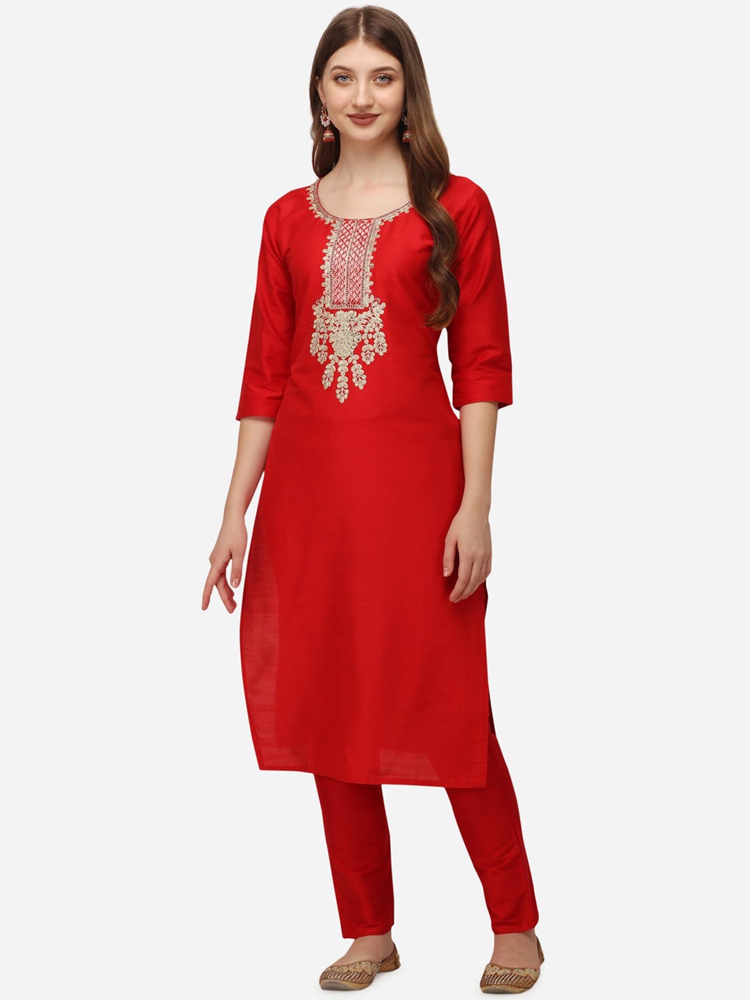 

POONAM DESIGNER Women Red Yoke Design Kurti with Trousers