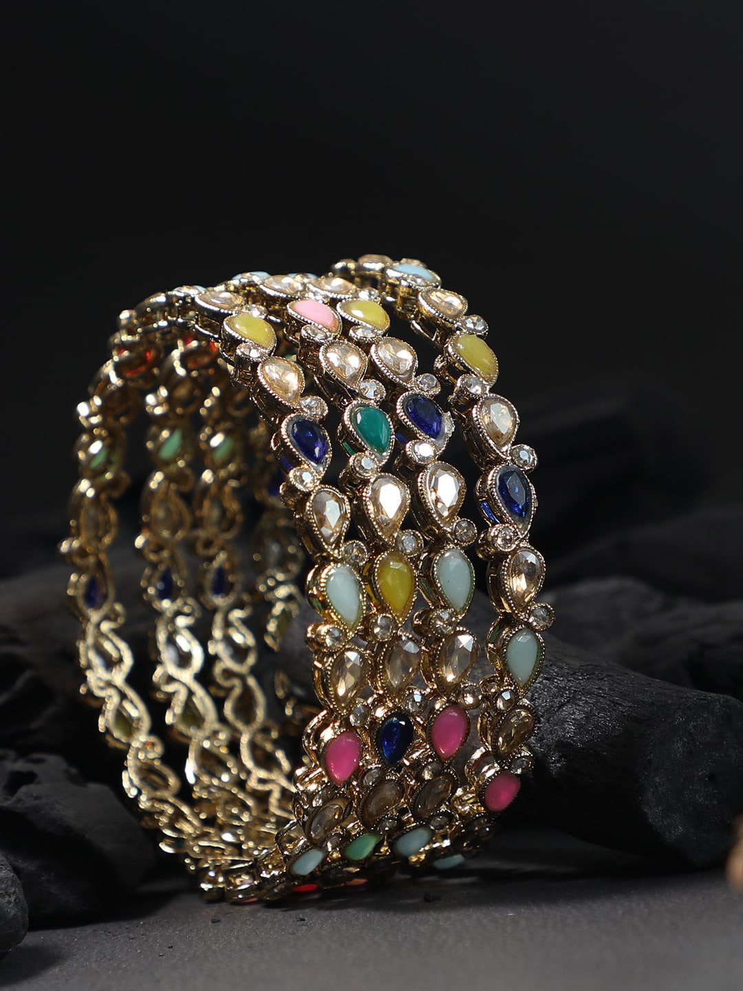 

Adwitiya Set Of 4 24 CT Gold-Plated Multicoloured Stones-Studded Bangles