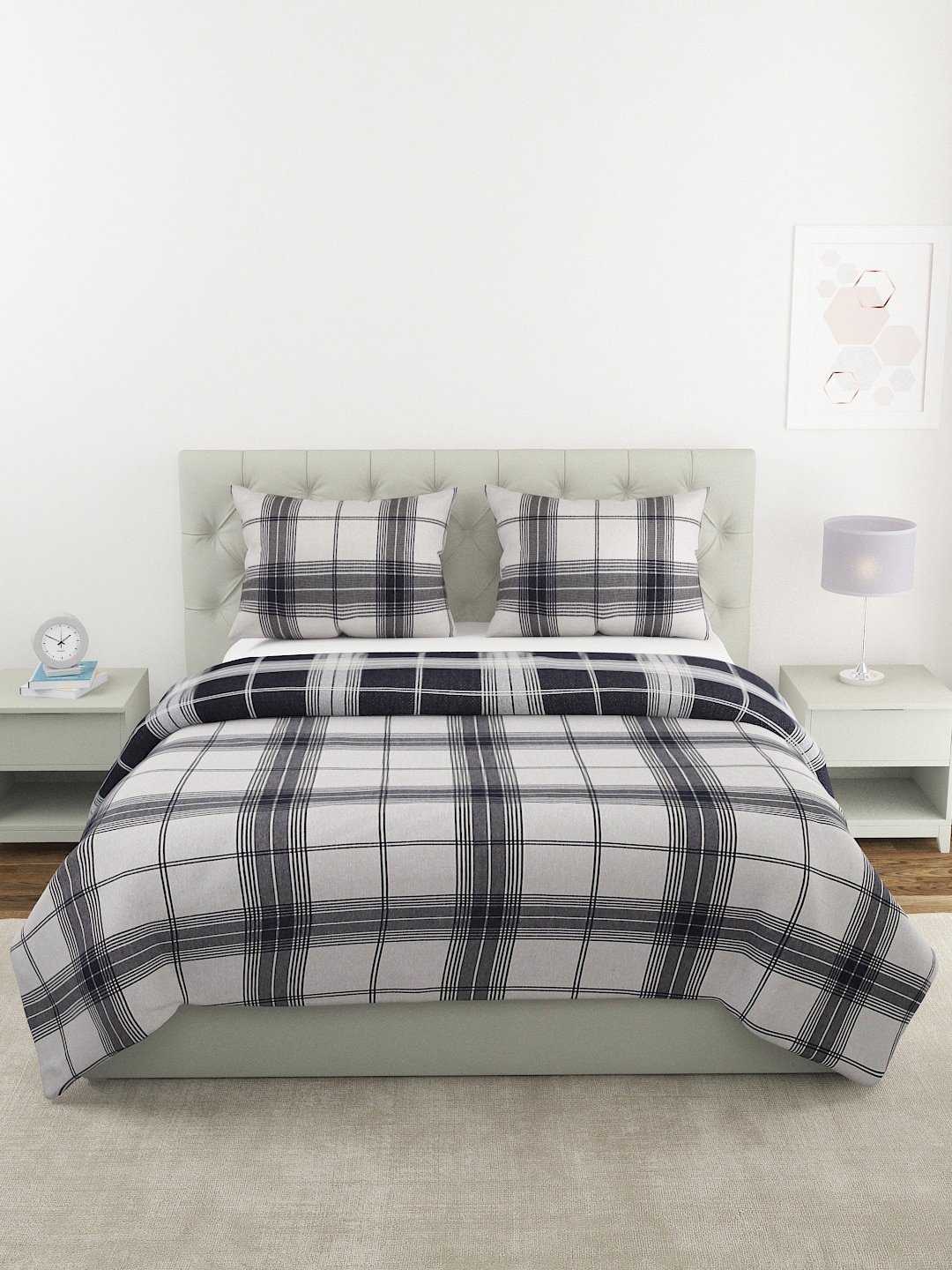 

ROMEE Black & Off White Checked Cotton Queen Double Bed Cover with 2 Pillow Covers