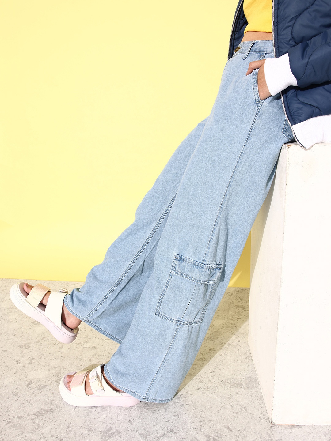 

The Roadster Life Co. Women Light Blue Wide Leg High-Rise Pure Cotton Jeans