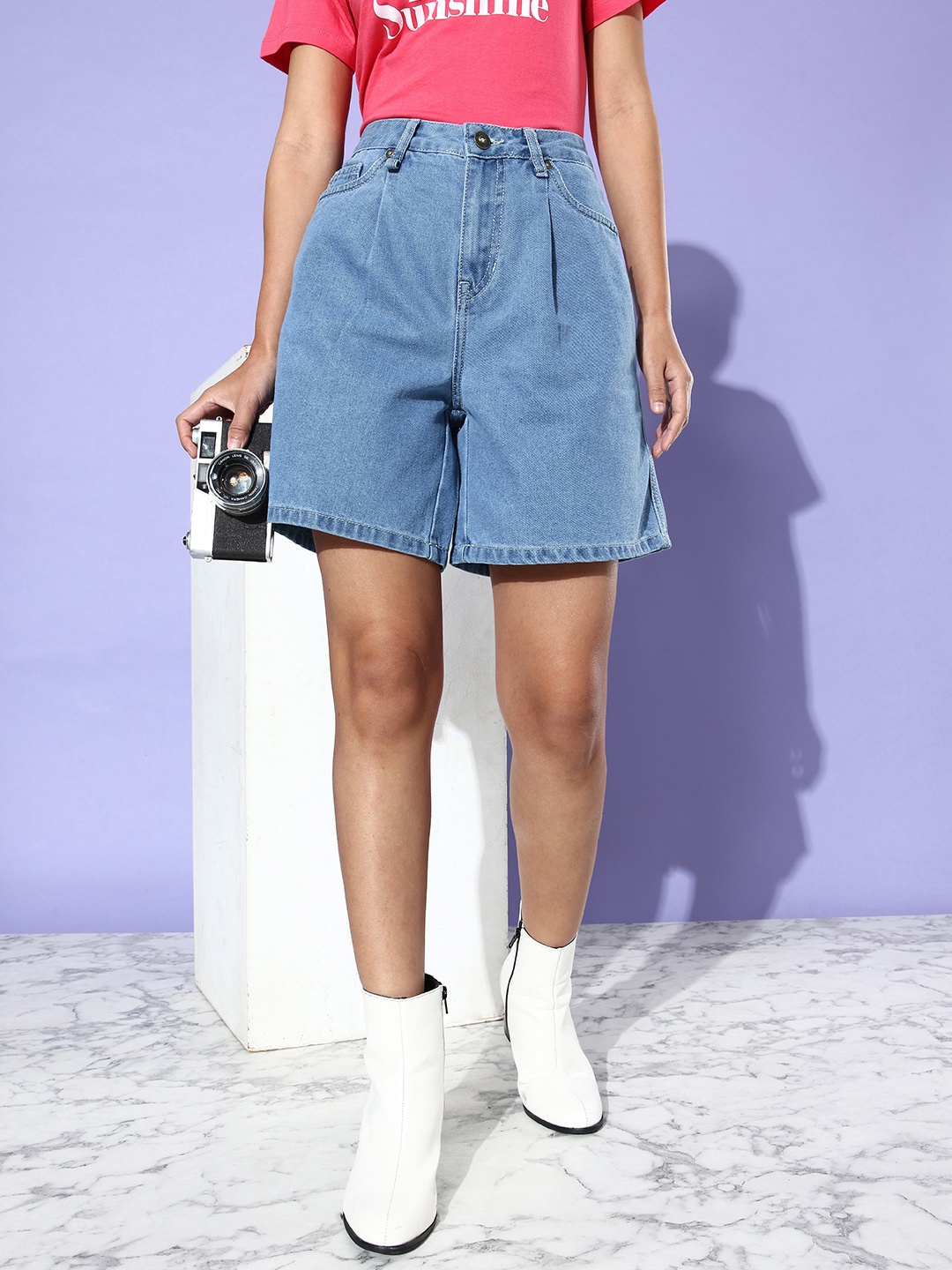 

The Roadster Lifestyle Co. Women Pure Cotton Denim Pleated High-Rise Shorts, Blue