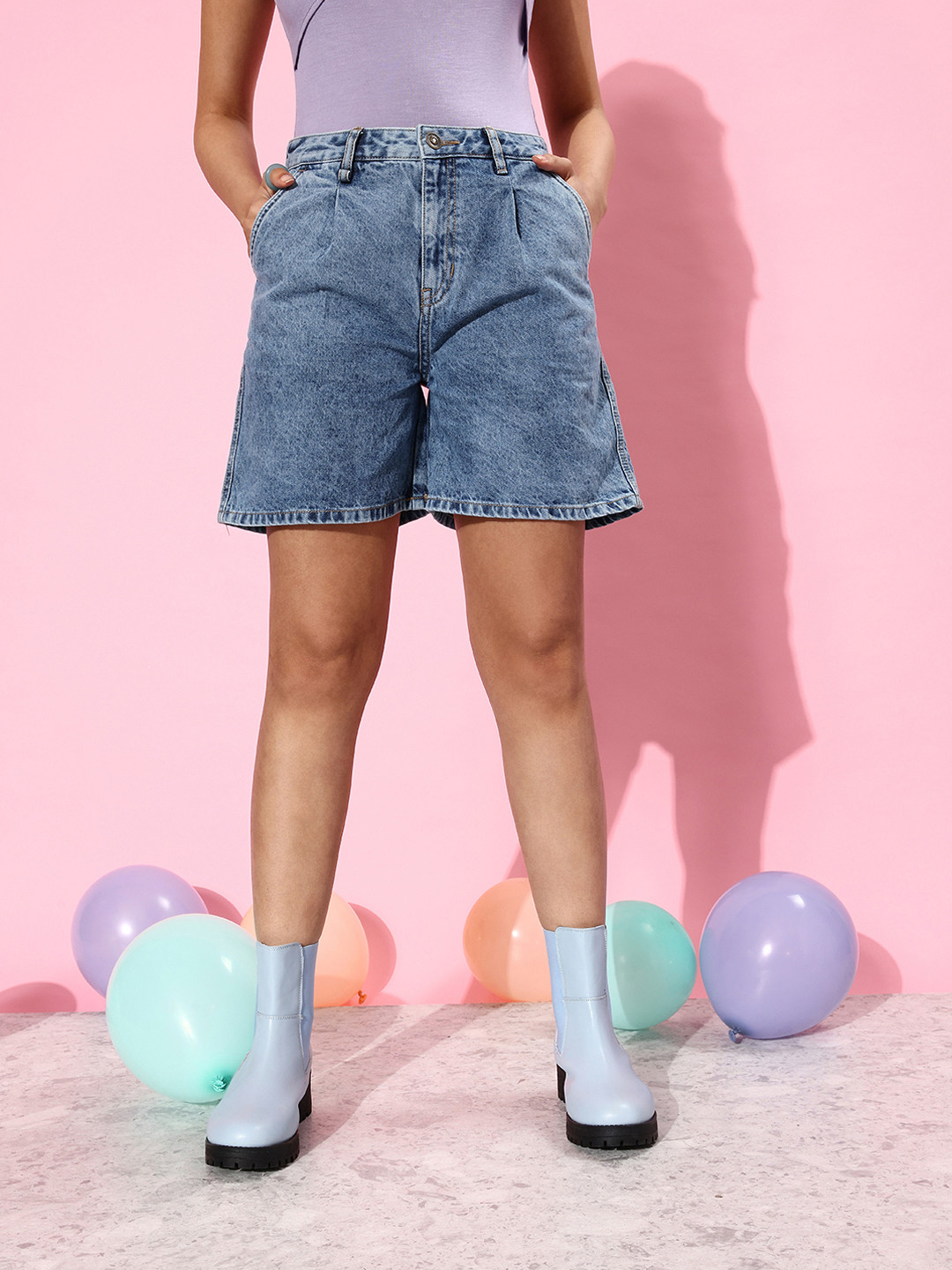 

The Roadster Lifestyle Co. Women Pure Cotton Pleated Denim Shorts, Blue