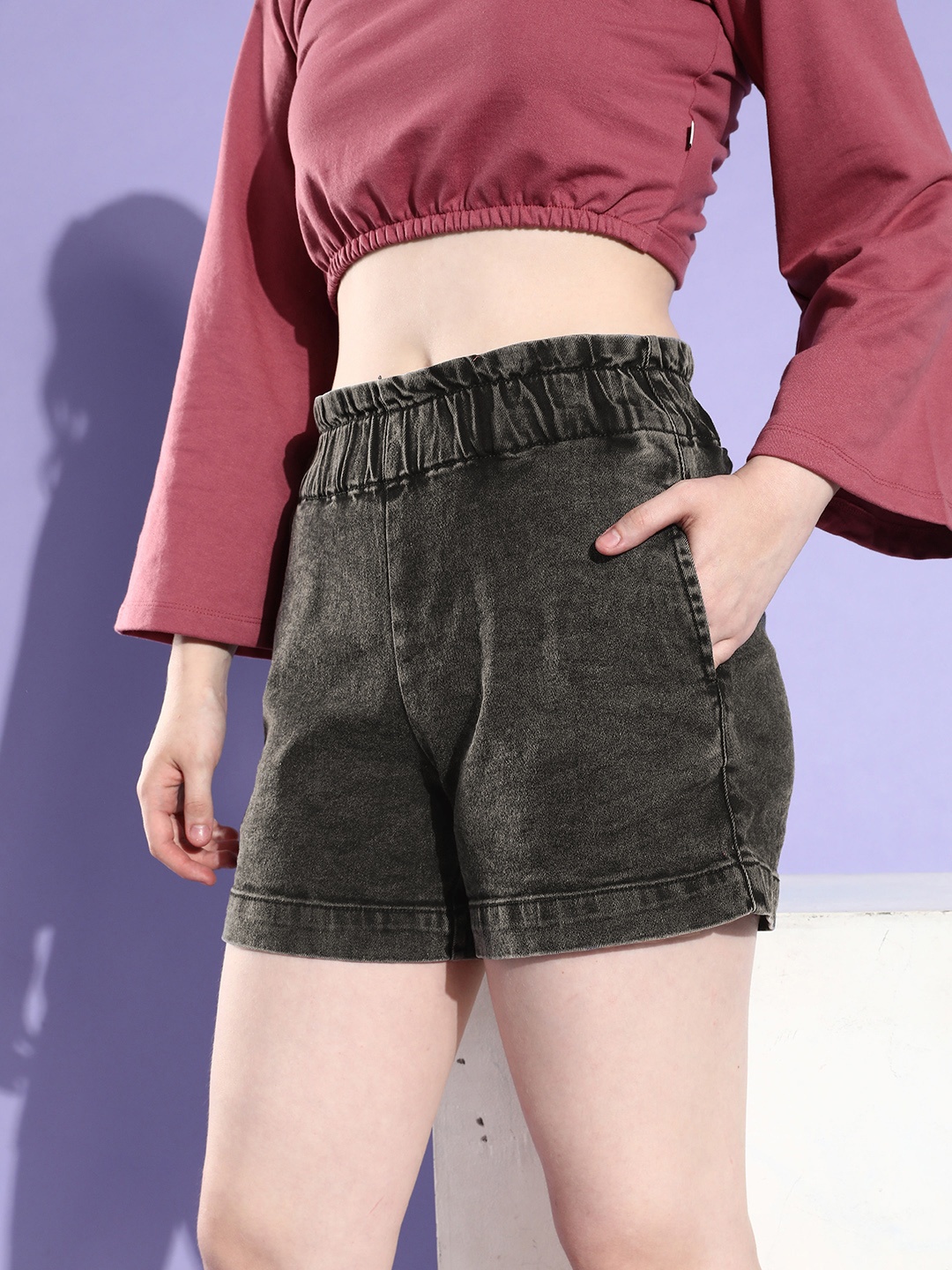 

The Roadster Lifestyle Co. Women High-Rise Denim Shorts With Paperbag Waist, Grey