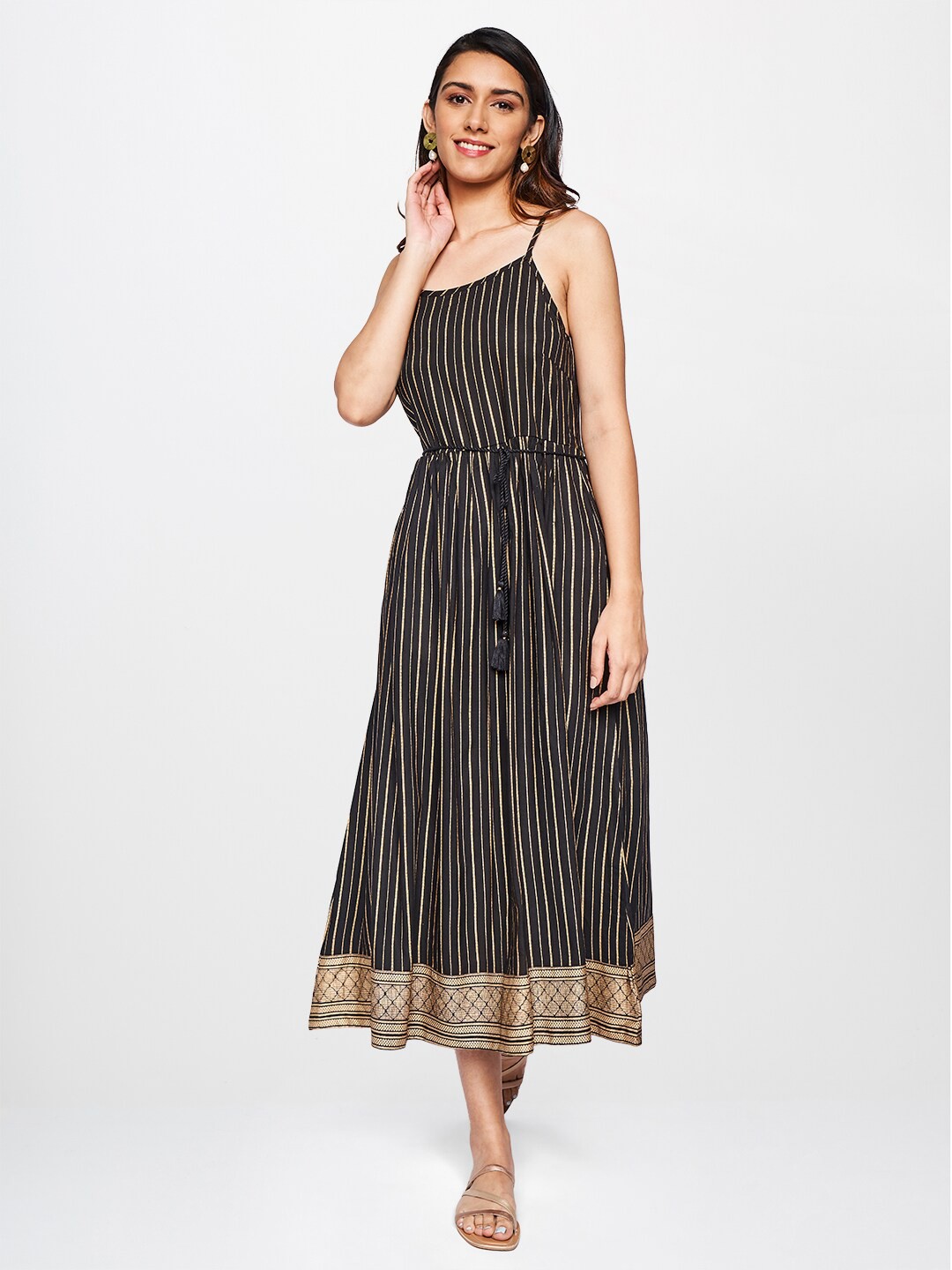 

itse Black Striped A-Line Midi Dress