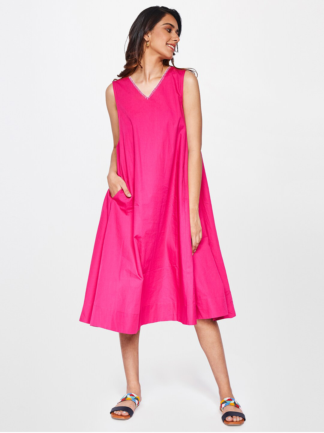 

itse Women Pink Solid A-Line Cotton Midi Dress