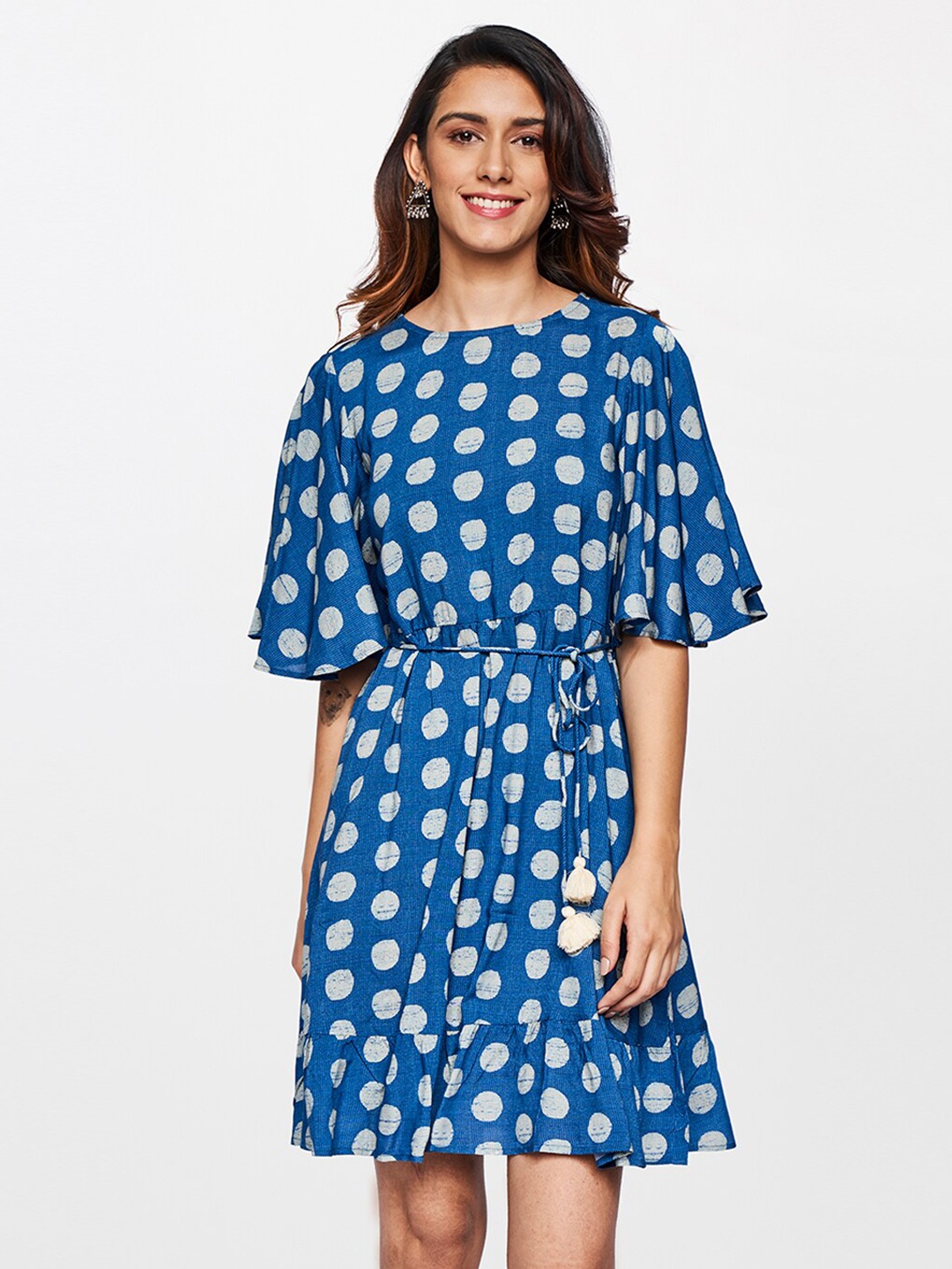 

itse Women Blue Polka Dot Printed Fit and Flare Dress