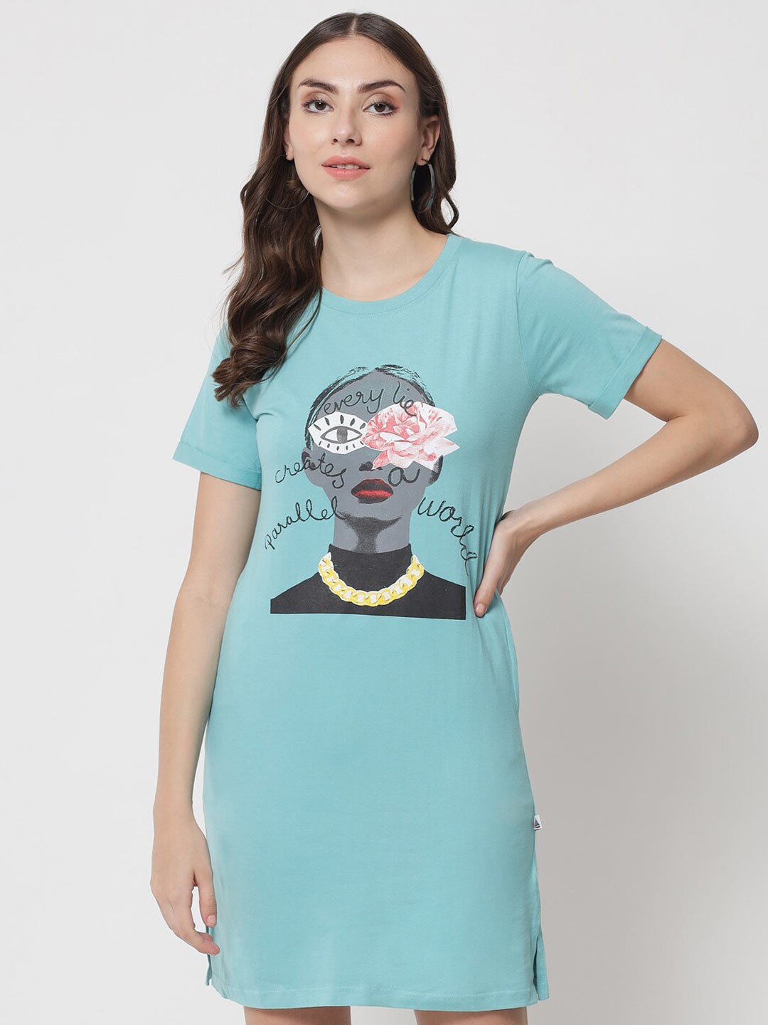 

The Dry State Women Turquoise Blue Cotton T-shirt Dress