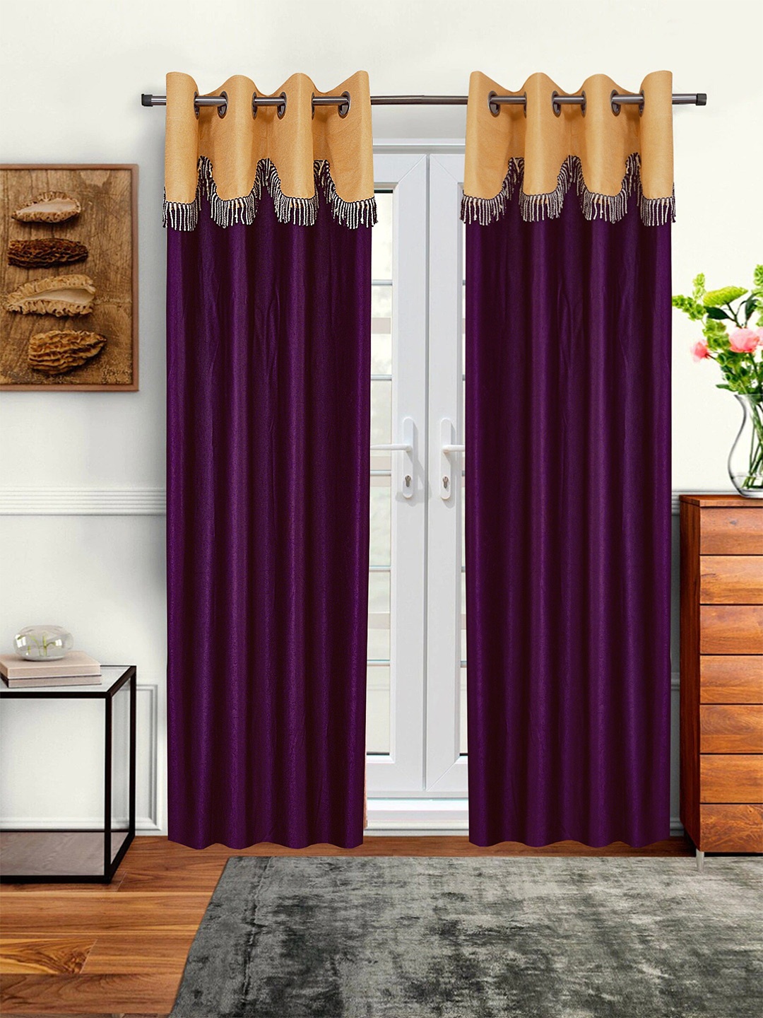 Cortina Purple & Beige Set of 2 Fancy Valance Plain Long Door Curtains