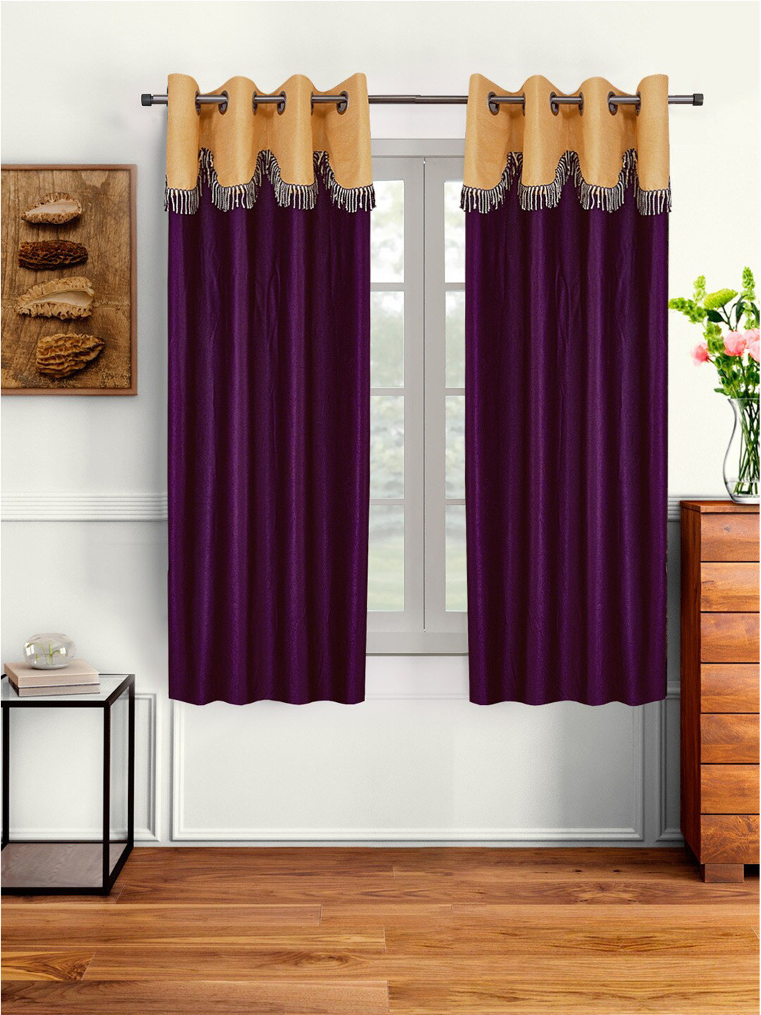 

Cortina Purple & Beige Set of 2 Fancy Valance Plain Window Curtains