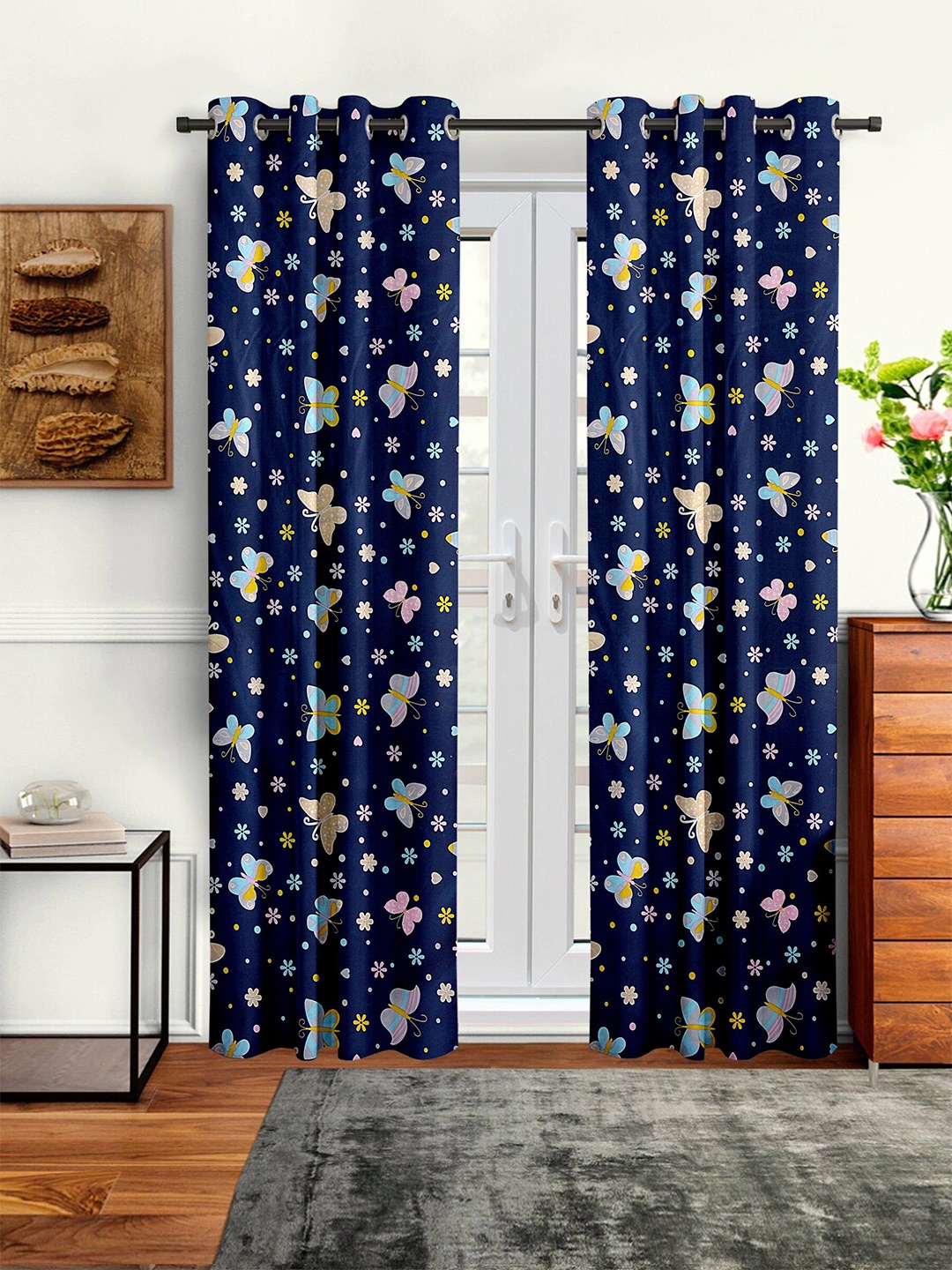 

Cortina Navy Blue & Pink Set of 2 Floral Long Door Curtain