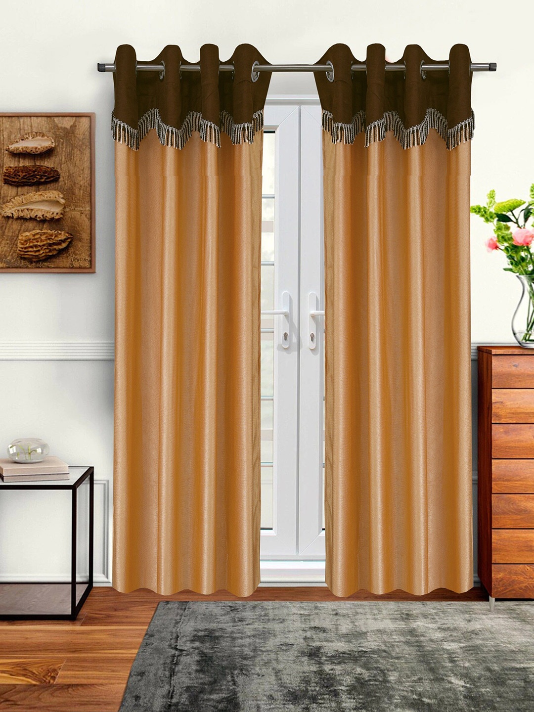 Cortina Beige Set of 2 Fancy Valance Plain Long Door Curtains