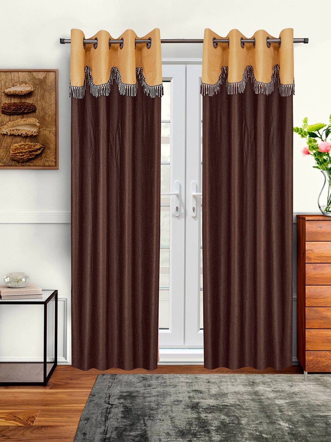 

Cortina Brown & Beige Set of 2 Fancy Valance Plain Door Curtains