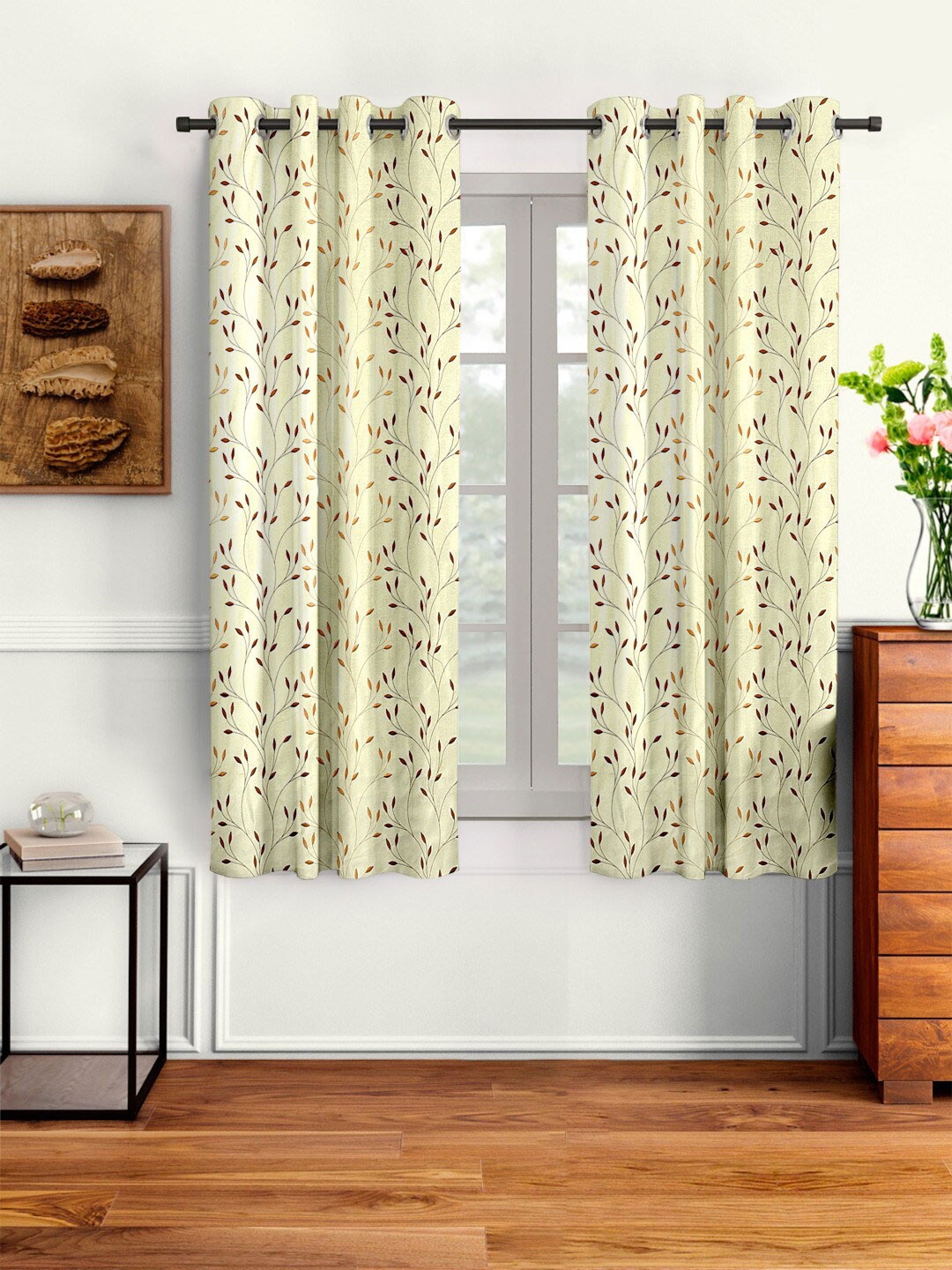 Cortina Cream-Coloured & Brown Set of 2 Geometric Window Curtain