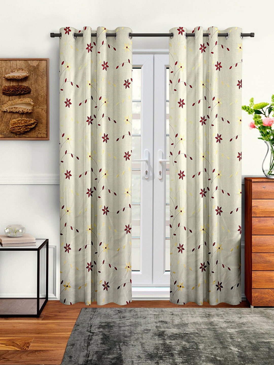 Cortina Cream-Coloured & Brown Set of 2 Floral Long Door Curtains