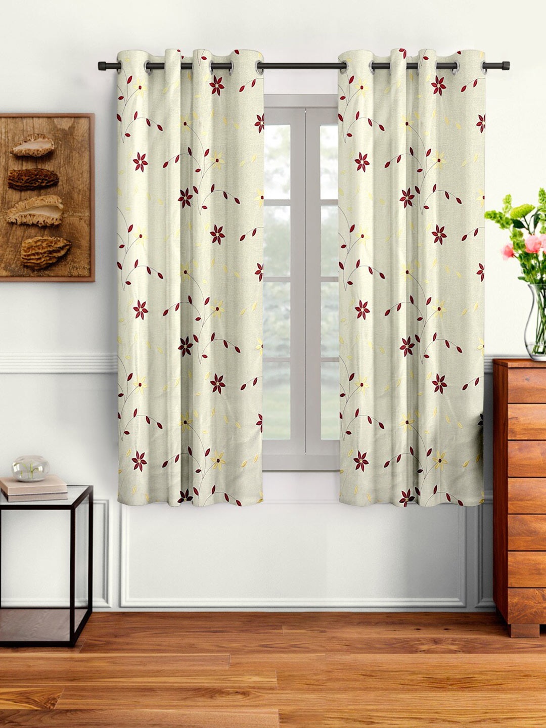 

Cortina Cream-Coloured & Yellow Set of 2 Floral Window Curtain