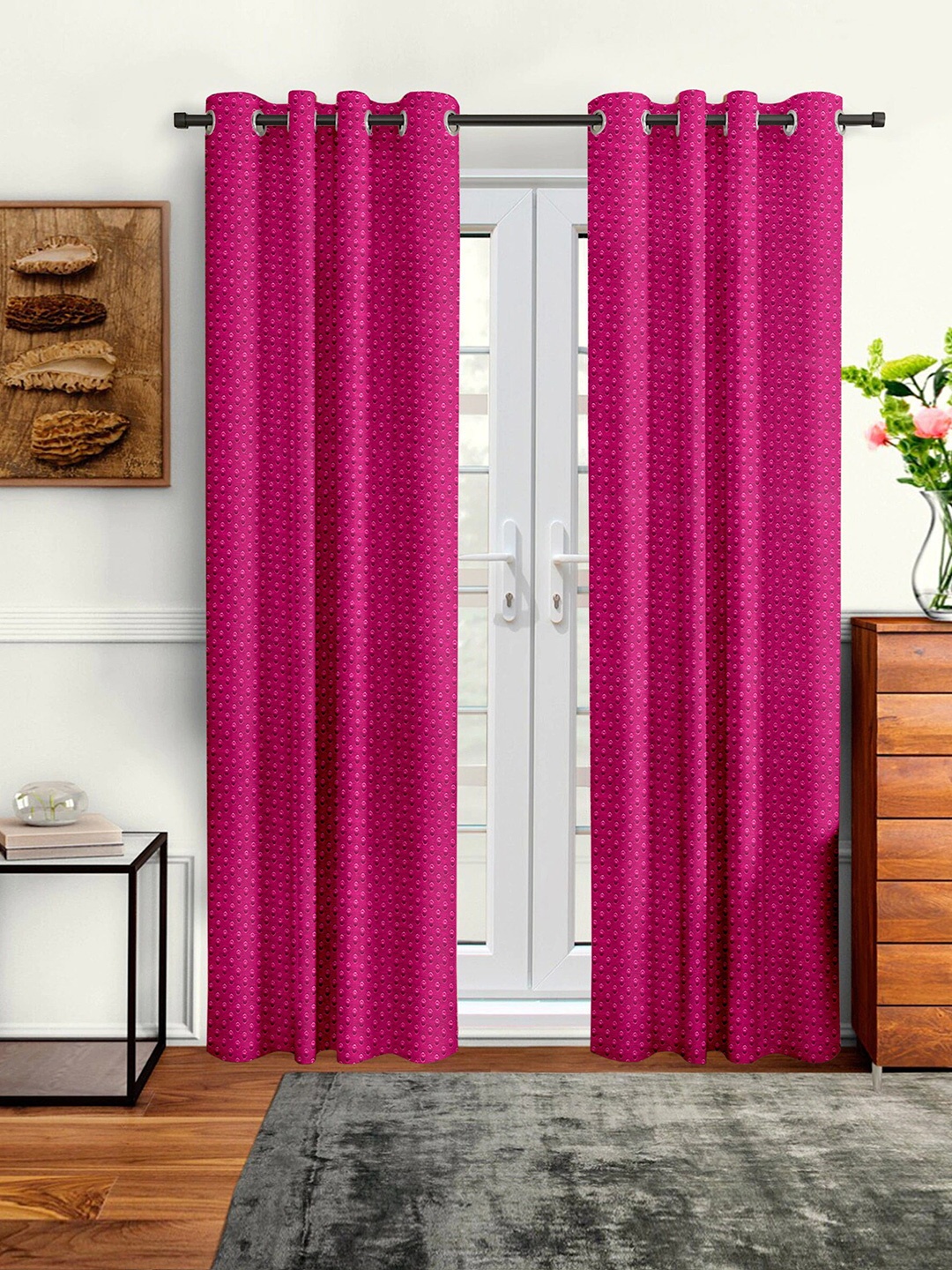 

Cortina Pink Set of 2 Polka dots Embossed Plain Polyester Long Door Curtains