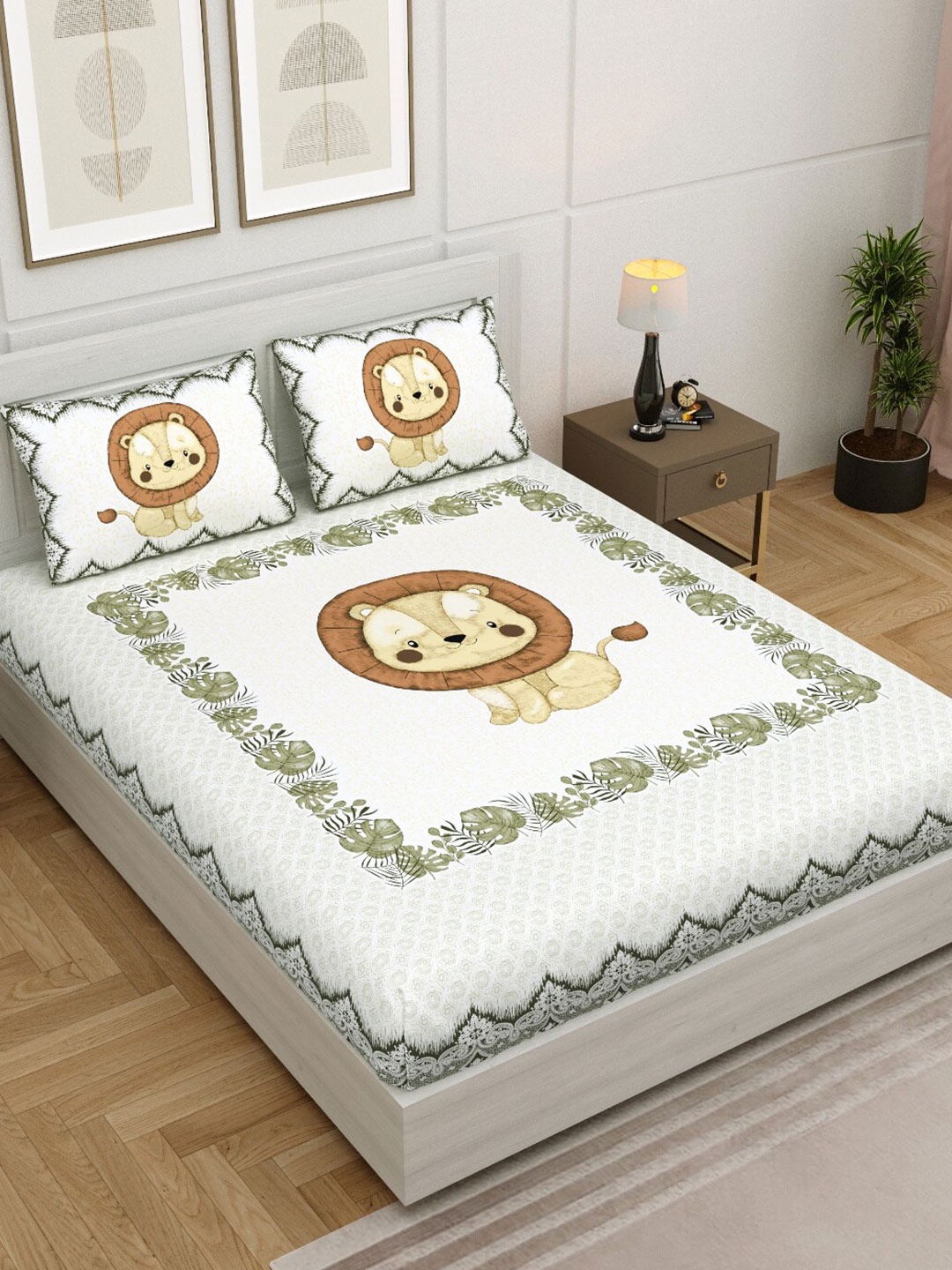 

Aura White & Brown Cartoon Characters 140 TC Queen Bedsheet with 2 Pillow Covers