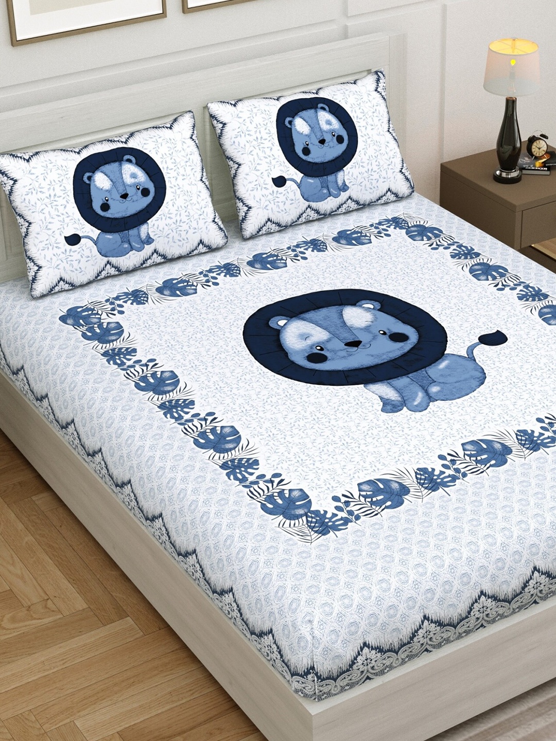 

Aura Blue & White Cartoon Characters 140 TC Queen Bedsheet with 2 Pillow Covers