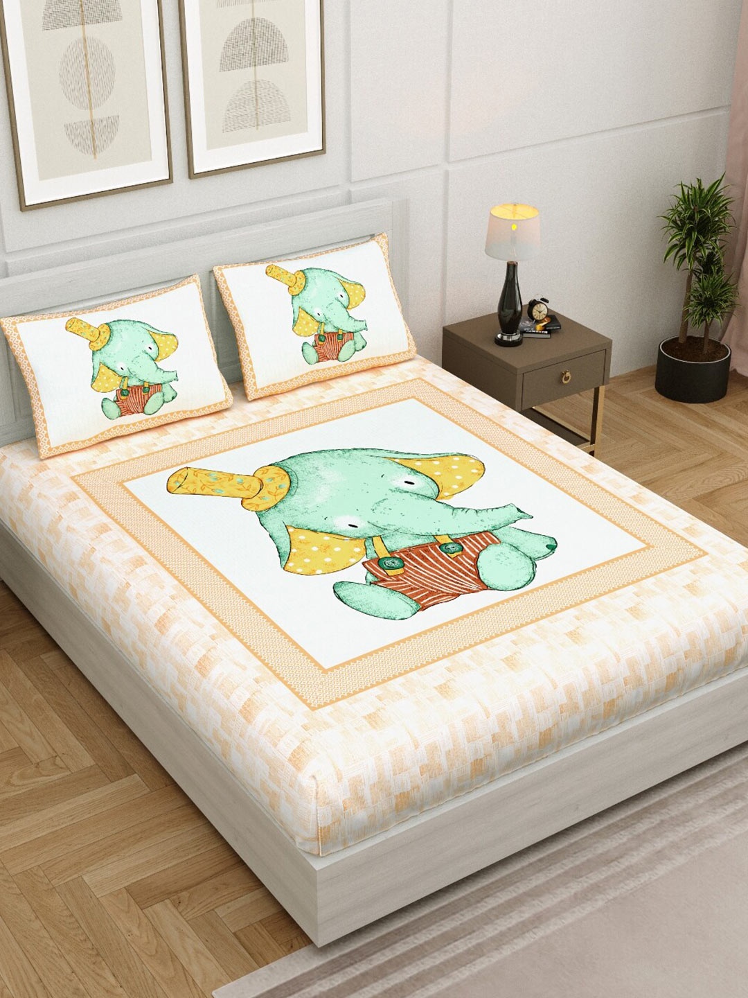 

Aura Orange & Off White Cartoon Characters 140 TC Queen Bedsheet with 2 Pillow Covers