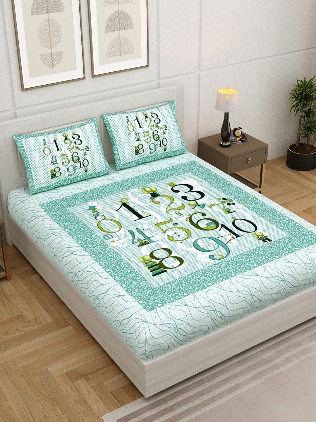 

Aura Beige & Green Cartoon Characters 140 TC Queen Bedsheet with 2 Pillow Covers
