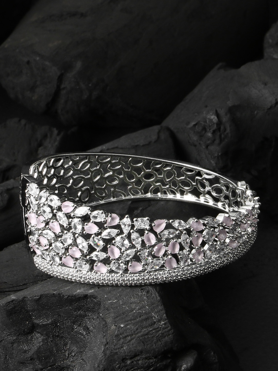 

Adwitiya Collection Women Silver-Toned & White Brass Cubic Zirconia Handcrafted Rhodium-Plated Bangle-Style Bracelet