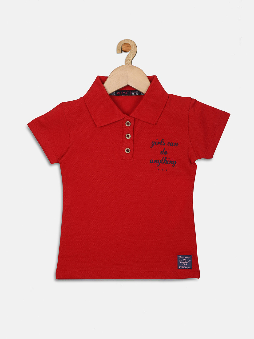 

Ziama Girls Red Typography Printed Polo Collar Slim Fit Cotton T-shirt