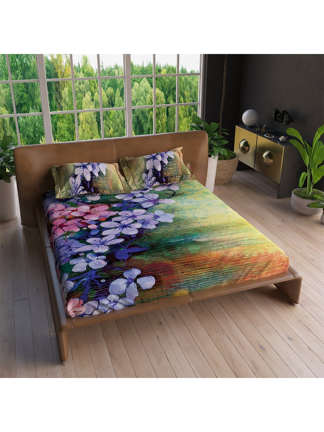 

LABHAM Navy Blue & Purple Floral 220 TC King Bedsheet with 2 Pillow Covers