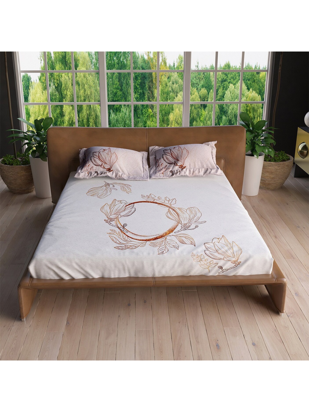 

LABHAM White & Brown Floral 220 TC Pure Cotton King Bedsheet with 2 Pillow Covers