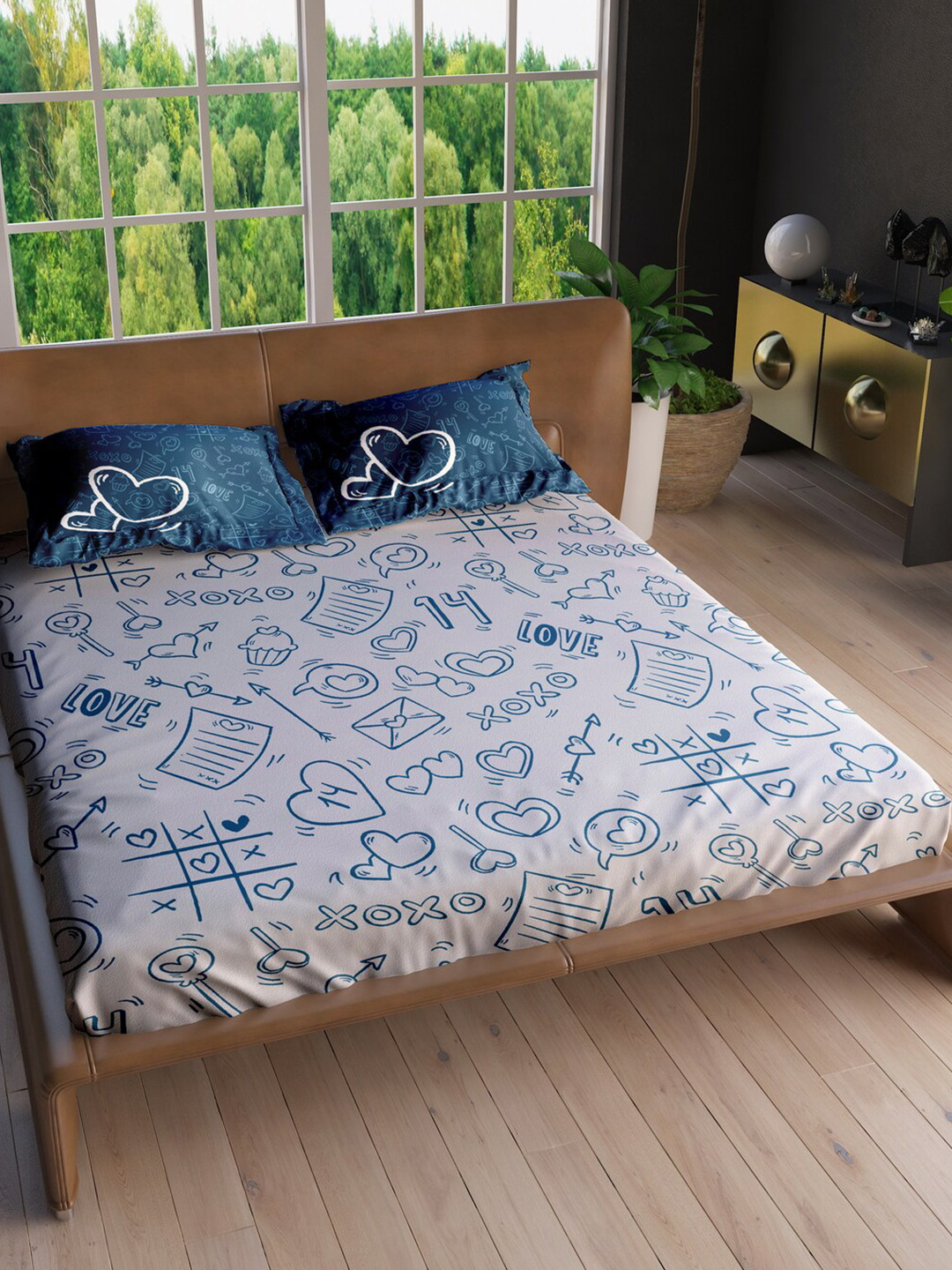 

LABHAM Blue & White 220 TC Cotton King Bedsheet with 2 Pillow Covers