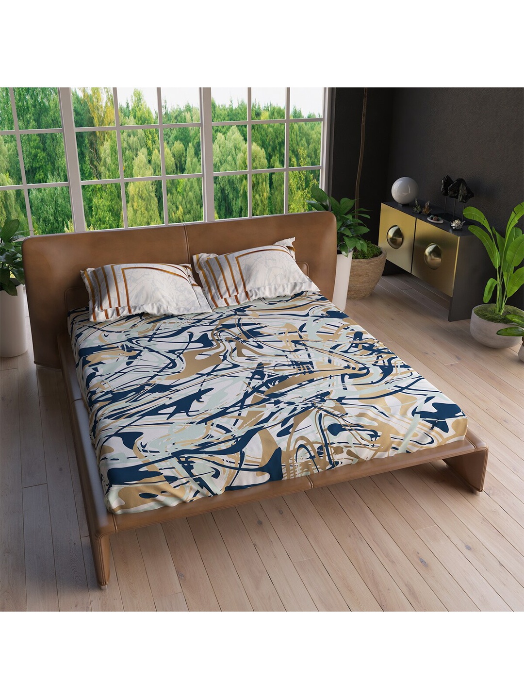 

LABHAM White & Blue 220 TC King Bedsheet with 2 Pillow Covers