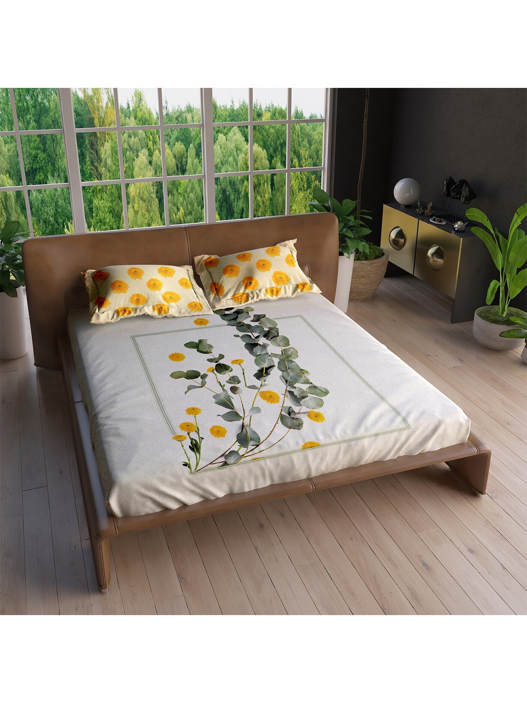 

LABHAM Yellow & Green Floral 220 TC Cotton King Bedsheet with 2 Pillow Covers