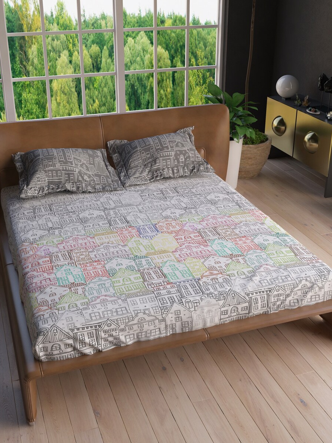 

LABHAM Grey & Black 220 TC Pure Cotton King Bedsheet with 2 Pillow Covers