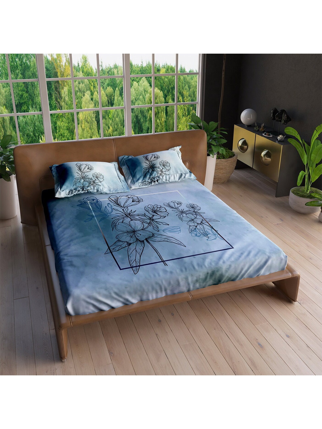 

LABHAM Blue & Black Floral 220 TC Cotton King Bedsheet with 2 Pillow Covers