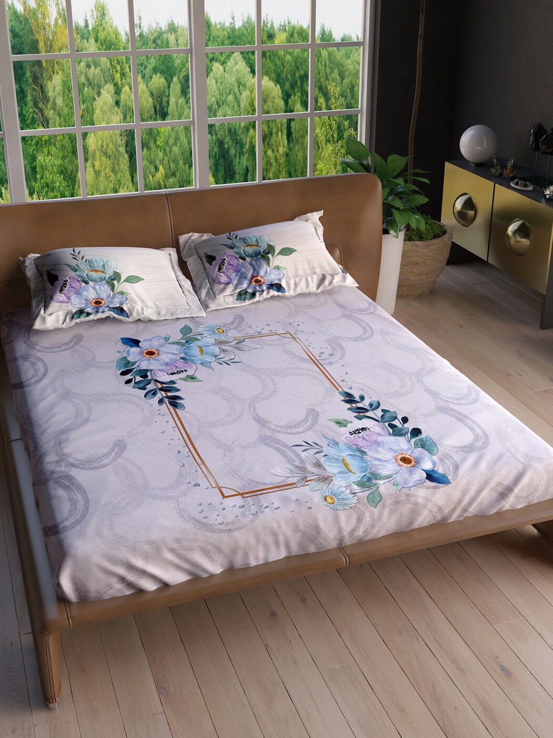 

LABHAM White & Blue Floral 220 TC Cotton King Bedsheet with 2 Pillow Covers