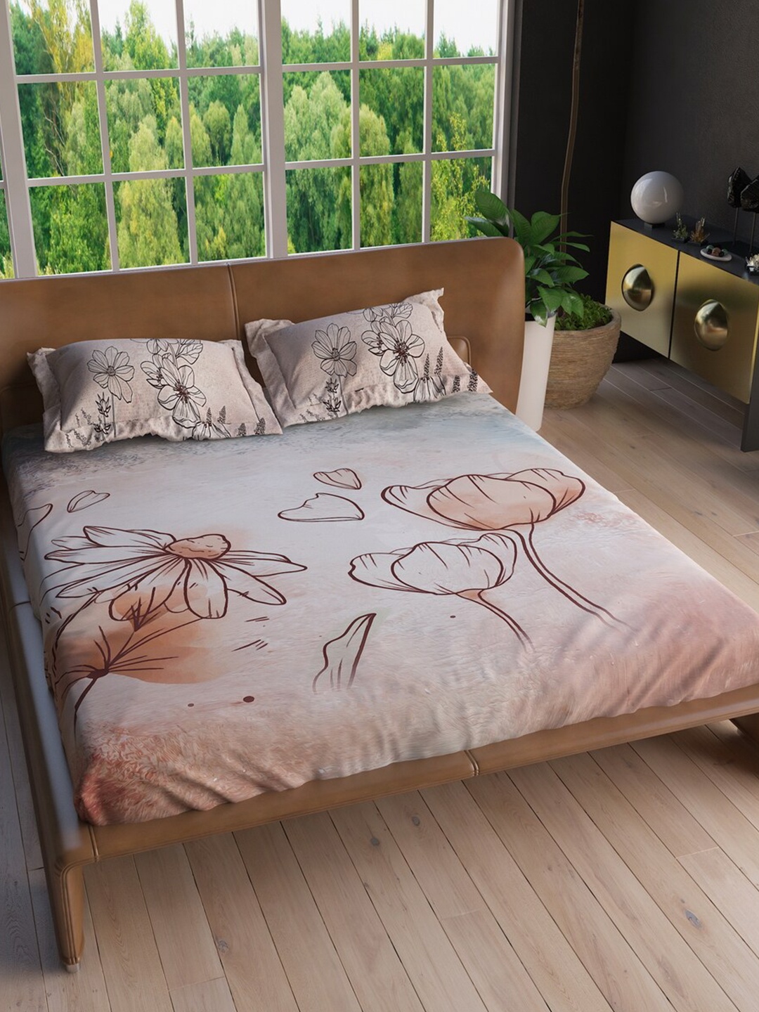 

LABHAM Brown Floral 220 TC Pure Cotton King Bedsheet with 2 Pillow Covers