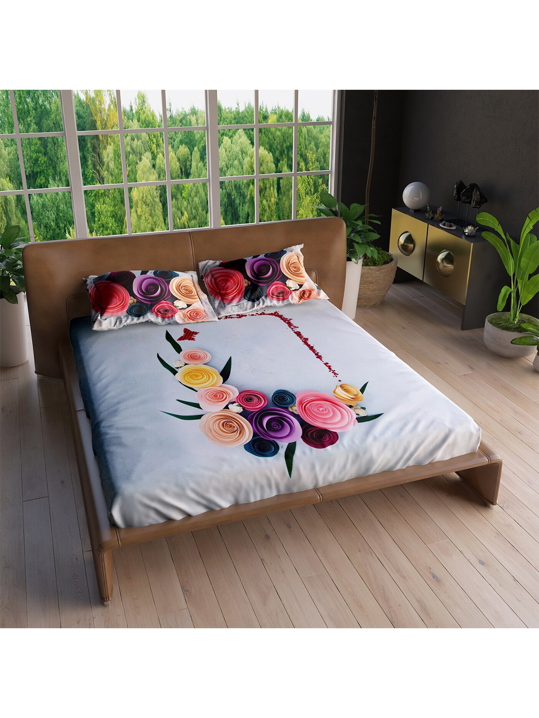 

LABHAM Grey & Pink Floral 220 TC King Bedsheet with 2 Pillow Covers