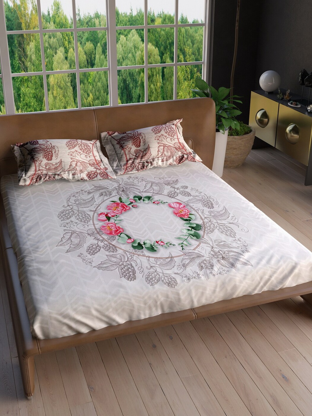 

LABHAM Peach-Coloured & Red Floral 220 TC King Bedsheet with 2 Pillow Covers