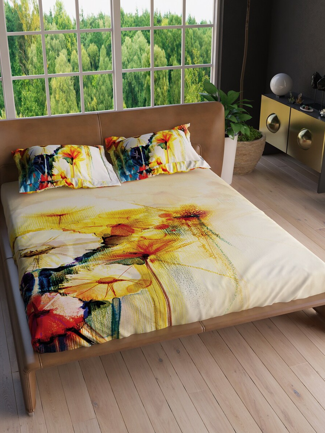 

LABHAM Yellow & Red Floral 220 TC King Bedsheet with 2 Pillow Covers