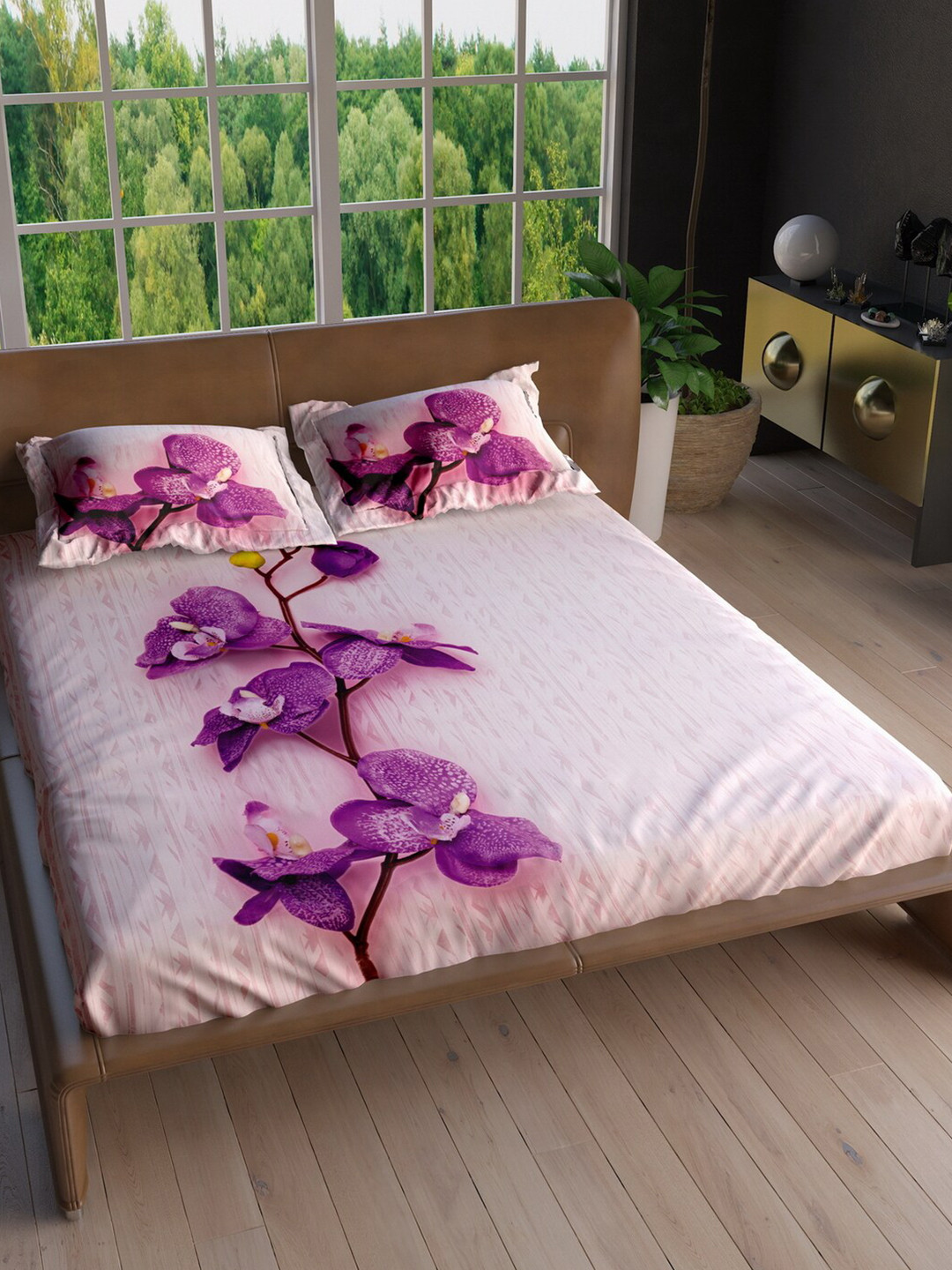 

LABHAM Purple Floral 220 TC Cotton King Bedsheet with 2 Pillow Covers
