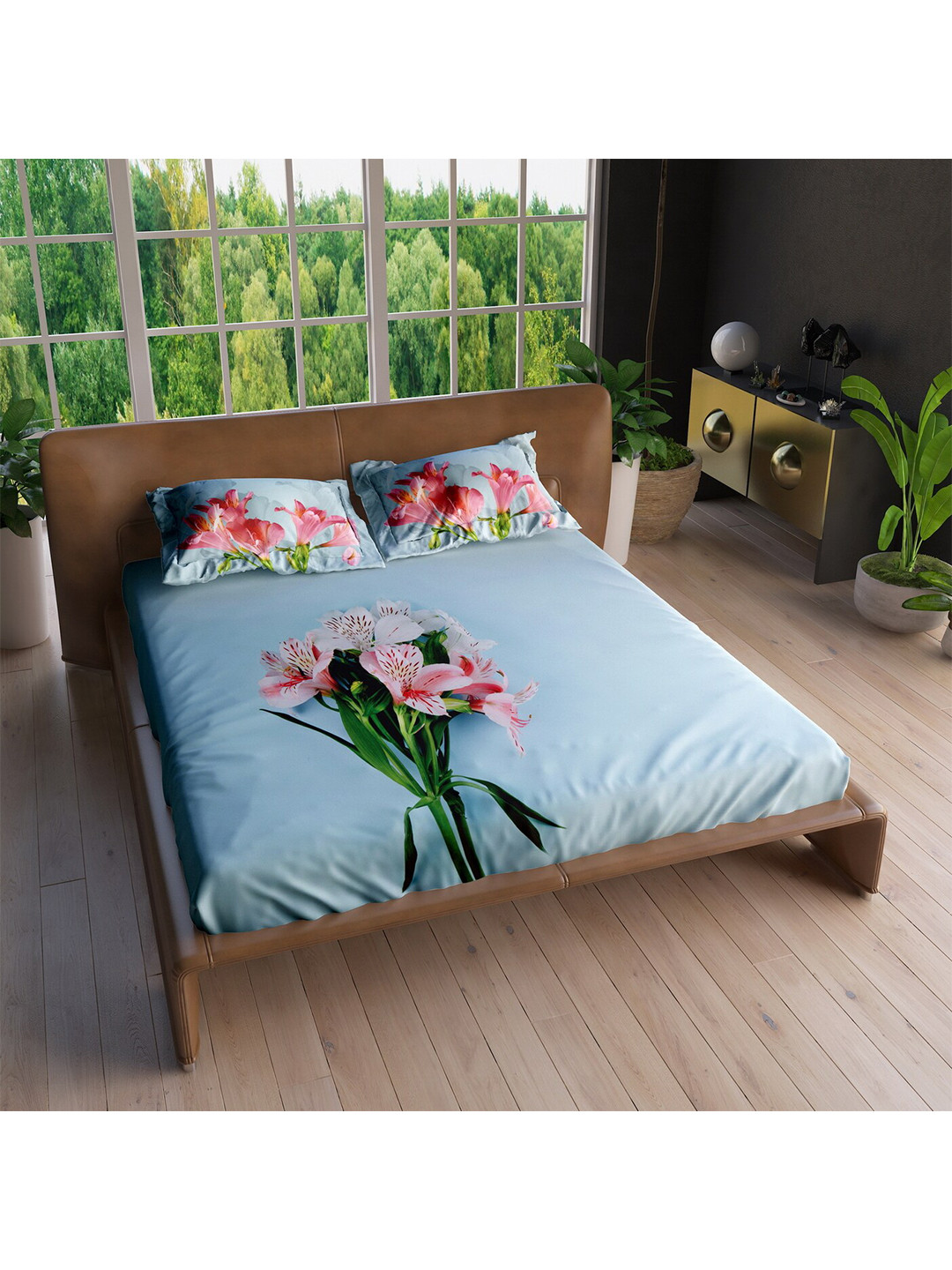 

LABHAM Blue & Pink Floral 220 TC Cotton King Bedsheet with 2 Pillow Covers