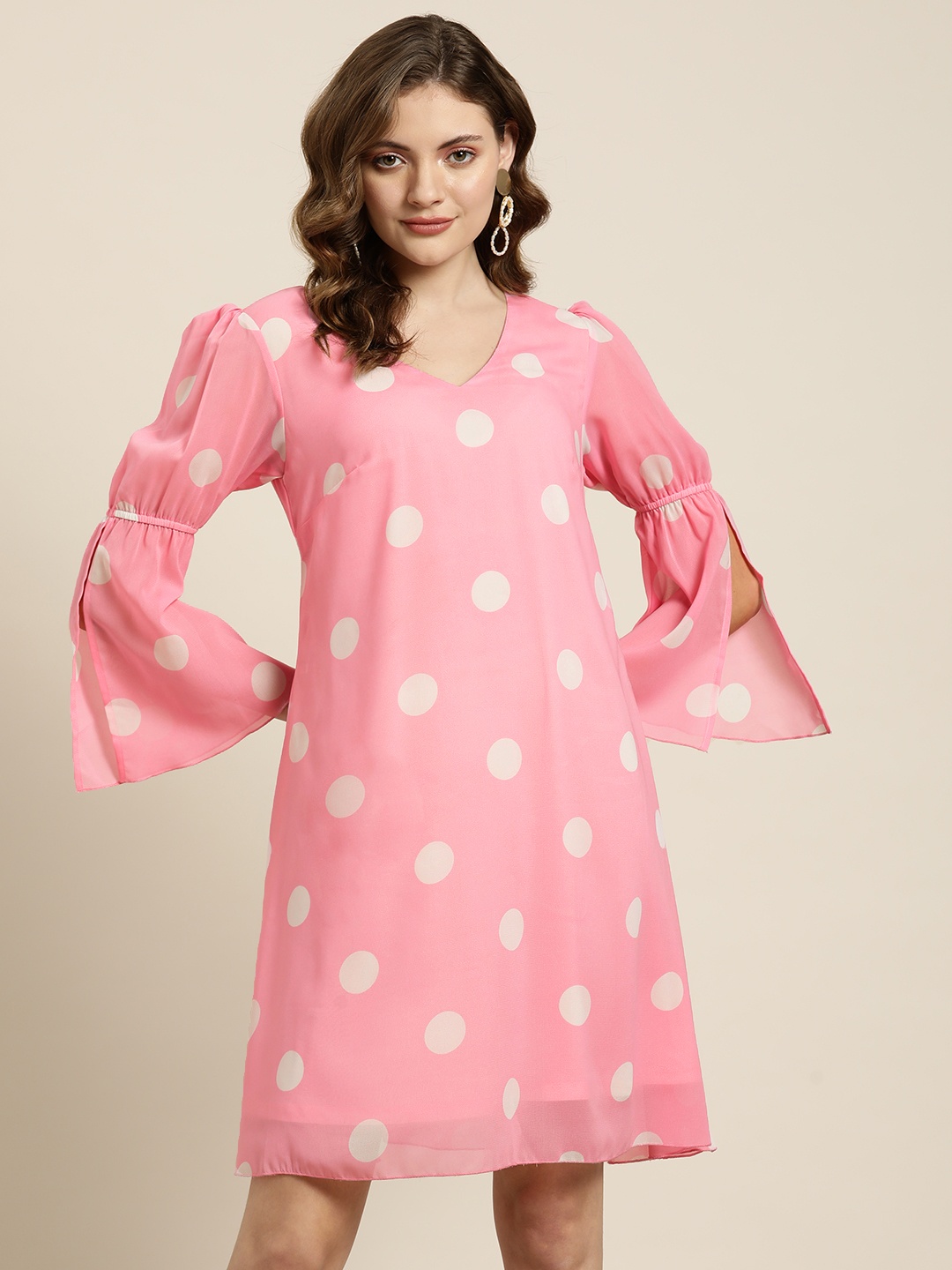 

Qurvii Women Pink & White Polka Dots Printed A-Line Mini Dress