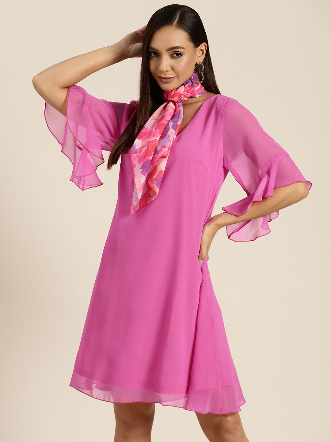 

Qurvii Pink Solid V Neck Bell Sleeves Georgette A-Line Dress With Scarf