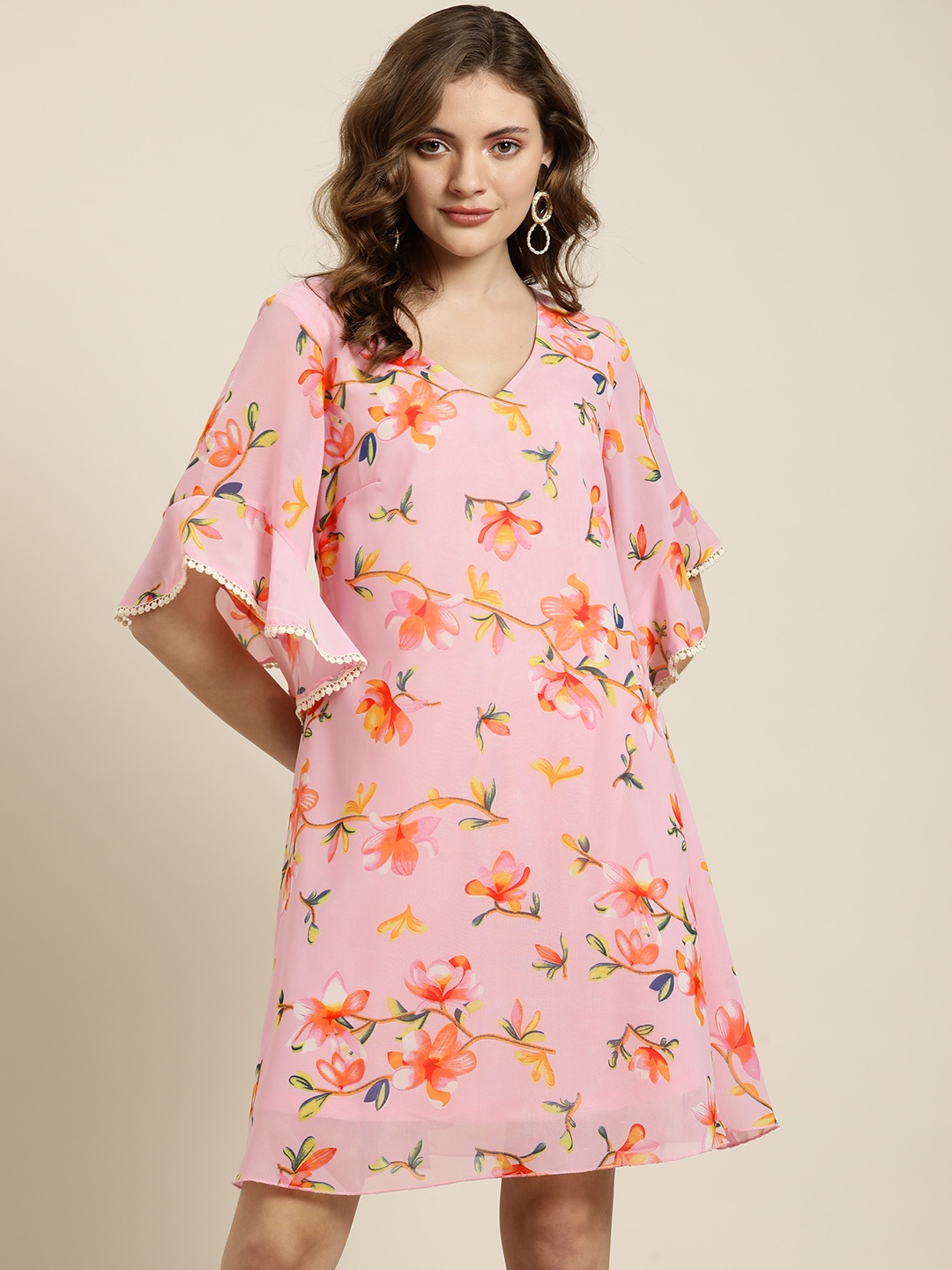 

Qurvii Women Pink & Orange Floral Printed V Neck Bell Sleeves A-Line Dress