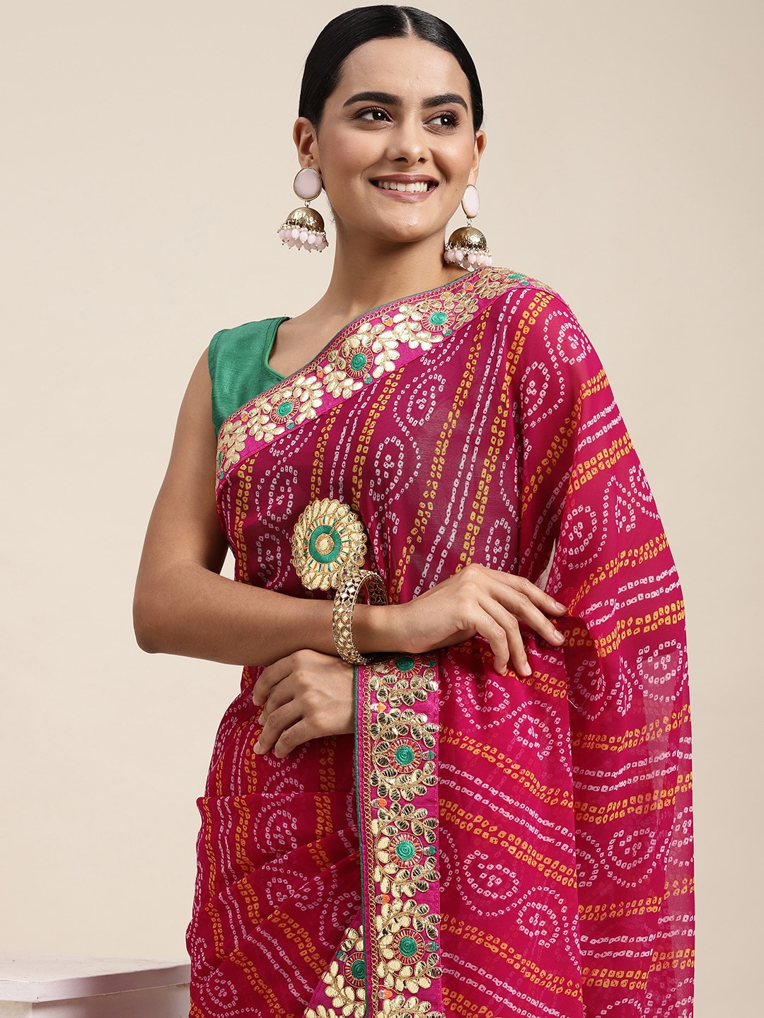

Mitera Pink Bandhani Gotta Patti Bandhani Saree