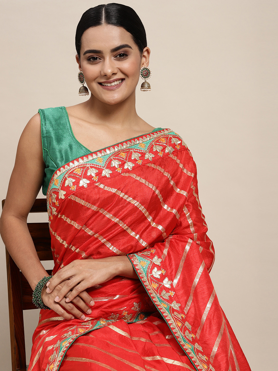 

Mitera Red Striped Gotta Patti Saree