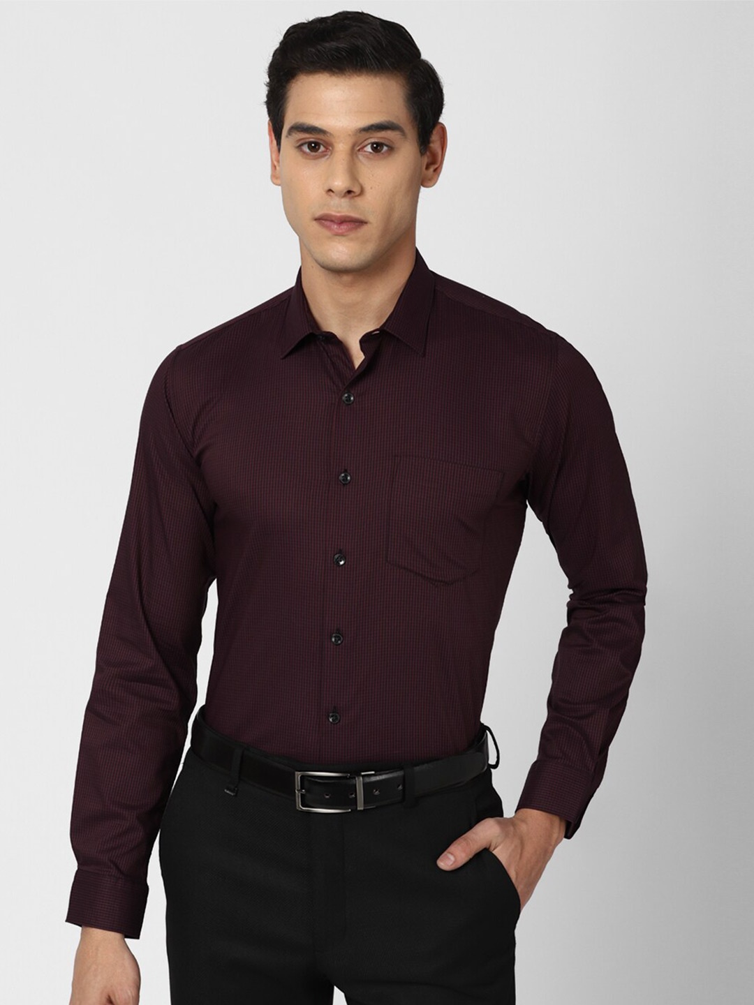 

Van Heusen Men Maroon Slim Fit Micro Checks Checked Formal Shirt
