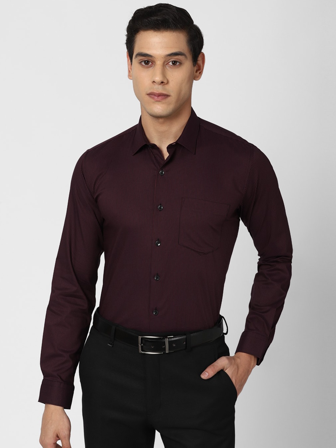 

Van Heusen Men Maroon Slim Fit Micro Checks Checked Formal Shirt