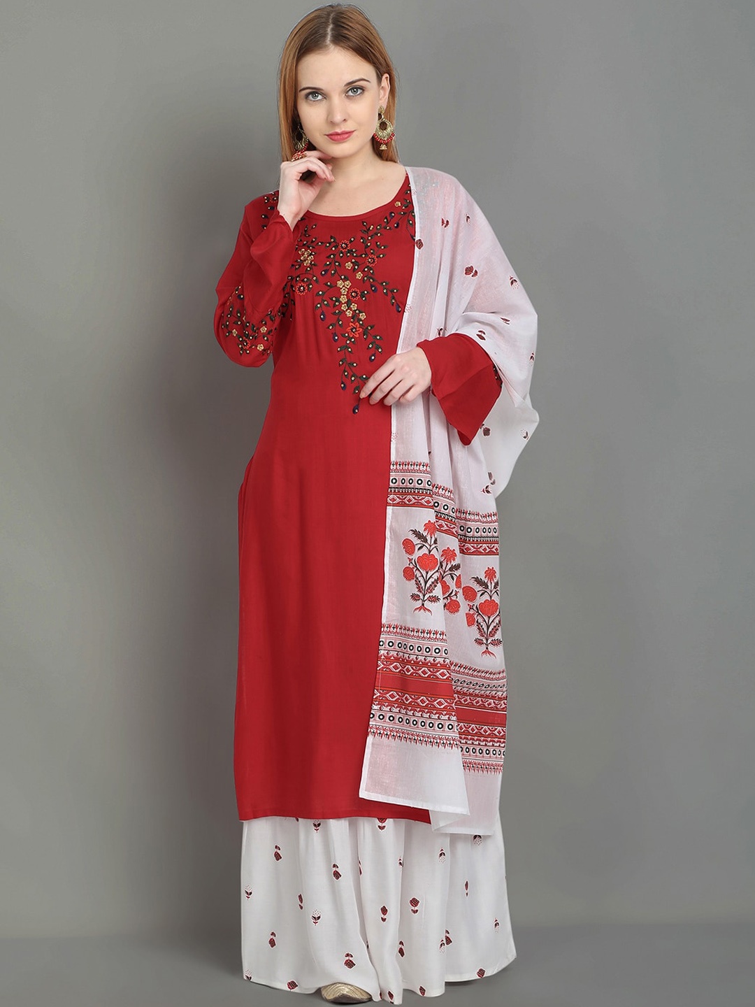 

Ziva Fashion Women Red Ethnic Motifs Embroidered Kurti with Sharara & With Dupatta