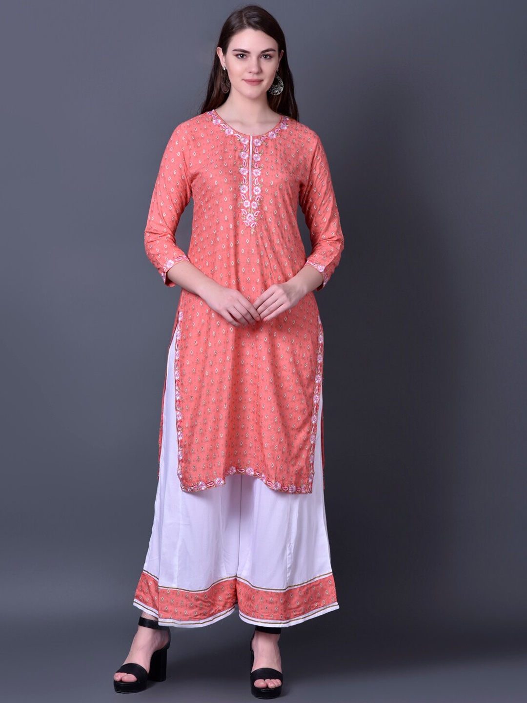 

Ziva Fashion Women Orange Floral Printed Thread Work Kurta with Palazzos